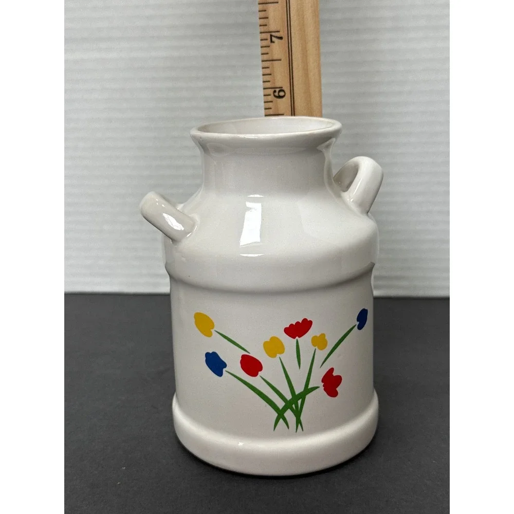 Vintage Ceramic Milk Can Vase White Floral Primary Colors Farmhouse Decor Taiwan
